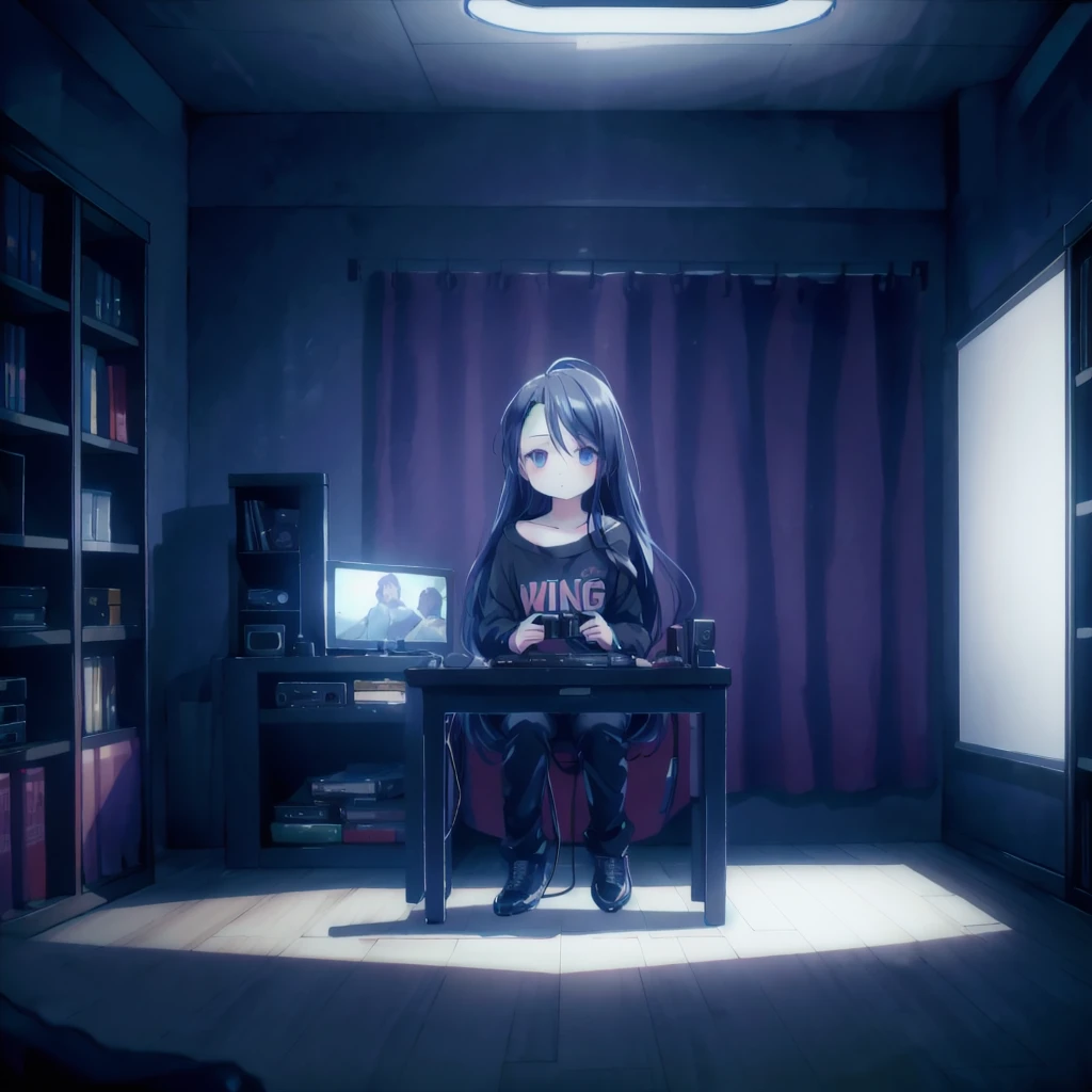 Dark room，computers，game console，TV，Little Lori，Playing video games