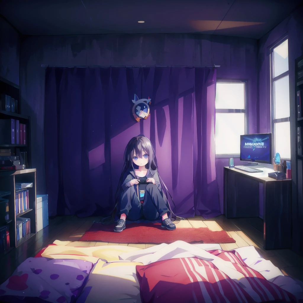 Dark room，computers，game console，TV，Little Lori，Playing video games