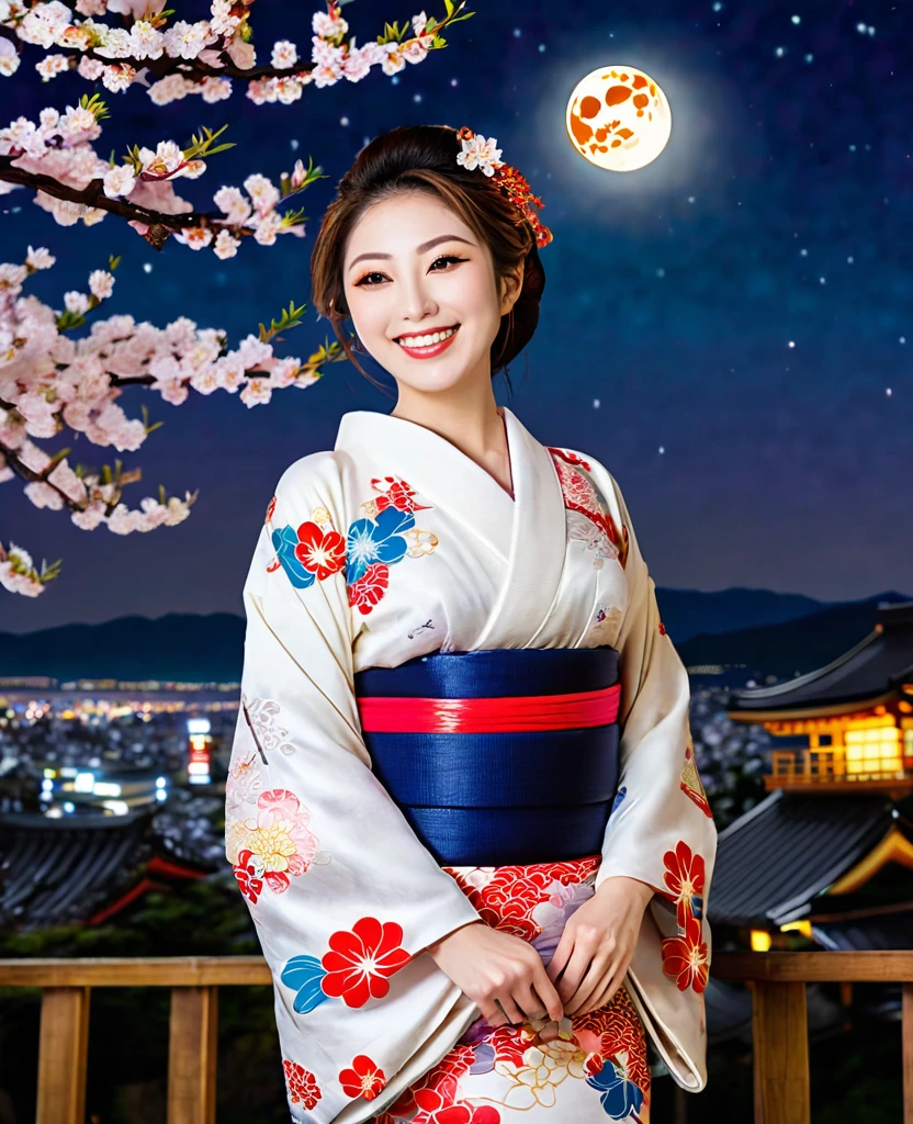 ((masterpiece, Highest quality, Highest quality, Official Art, beautifully、beautiful:1.2)),((masterpiece)),((Vibrant colors)),((A happy smile)),((kimono)),((looks fun)),(Shoulders exposed),(full moon),(Cherry Blossoms at Night),(2),(B Cup Bust),(Kyoto cityscape)