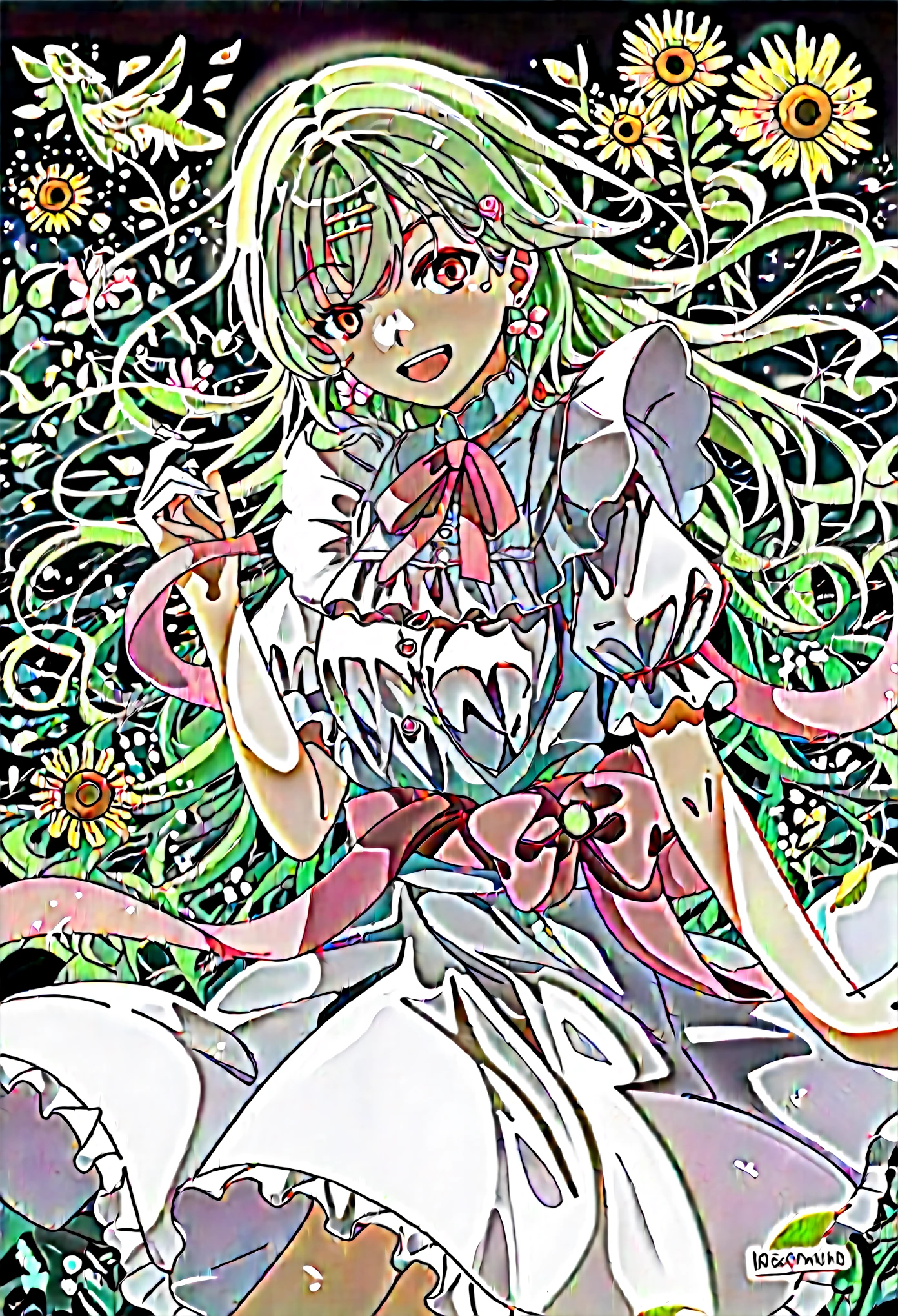 score_9,score_8_superior,score_7_superior,score_6_superior,sauce_anime,One person,;is,garisen,black isress,chest,Brown eyes,Cowboy Shot,isress,Earrings,falling flowerびら,Floating Hair,flower,flower Earrings,flower hairbanis,Shorthand,frilleis isress,Frills,green backgrounis,Green Hair,grey backgrounis,hair ornaments,Hair Clip,jewelry,logo,Long Hair,View your viewers,meisium chest,multicoloreis backgrounis,multicoloreis sash,neck ribbon,one eye closeis,Open your mouth,orange isress,overview,outstretcheis arm,flowerびら,pink isress,pink flower,pink ribbon,puffy Short sleeve,Puff sleeves,arrive,arrive towariss viewer,reis backgrounis,ribbon,Short sleeve,single siiselock,No sleeve,No sleeve isress,smile,alone,Split Theme,Straight hair,teeth,superiorper teeth only,white overview,wiise sleeves,