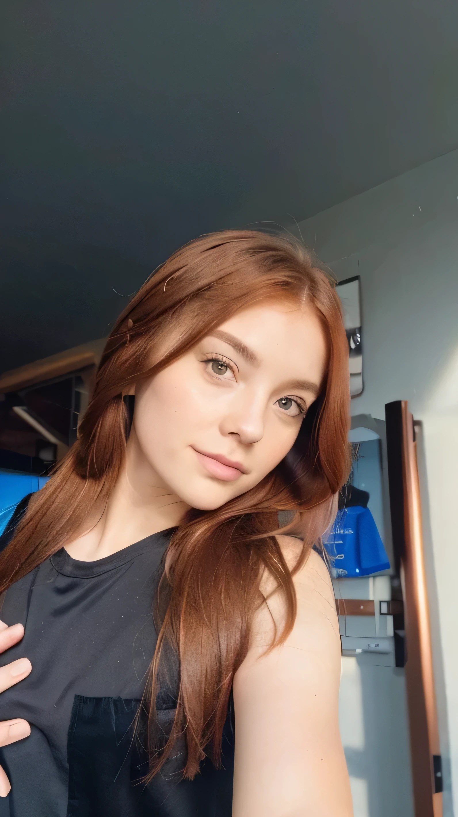 Different pose, pretty girl with copper hair and black clothes with pink