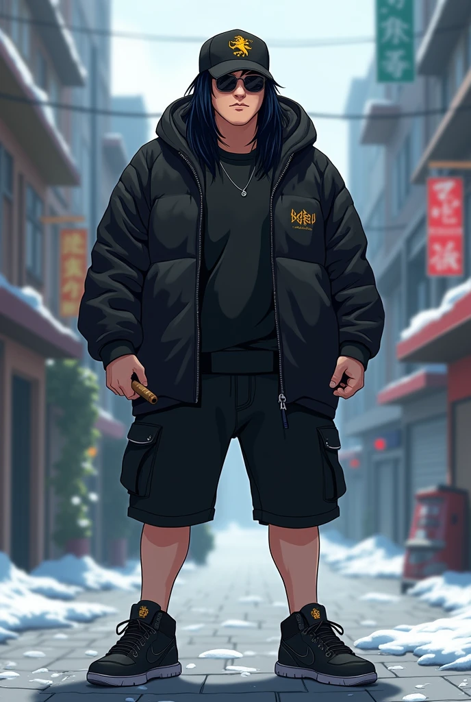 A boy , transformed into an anime style, with black country clothes , with a black wool cap with a lion logo , with black Bermuda shorts , Black sports sneakers , weighing about 90 kilos, thick build , tall in stature and unique facial features light skin , long black hair metalhead style , wide black frame optical lenses , black eyes , thick lips with a cigar in his right hand , standing on a bustling city street, backlit background that highlights the subject, high contrast colors, 4K High Definition Quality,young, elegant, Argentinian , In the cold of the Santa Cruz glacier in Argentina , phone gamer boy