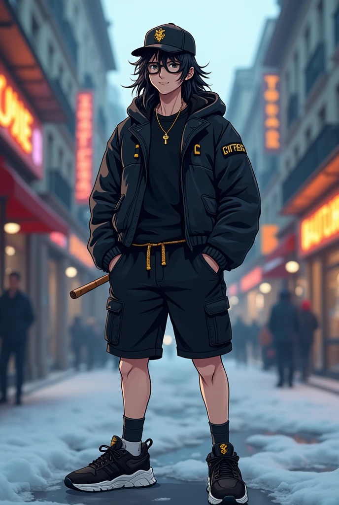 A boy , transformed into an anime style, with black country clothes , with a black wool cap with a lion logo , with black Bermuda shorts , Black sports sneakers , weighing about 90 kilos, thick build , tall in stature and unique facial features light skin , long black hair metalhead style , wide black frame optical lenses , black eyes , thick lips with a cigar in his right hand , standing on a bustling city street, backlit background that highlights the subject, high contrast colors, 4K High Definition Quality,young, elegant, Argentinian , In the cold of the Santa Cruz glacier in Argentina , phone gamer boy