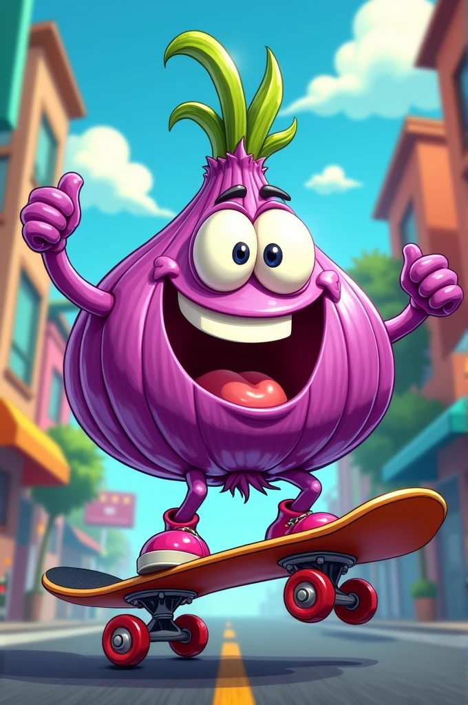Purple garlic character riding a skateboard..funny comic image