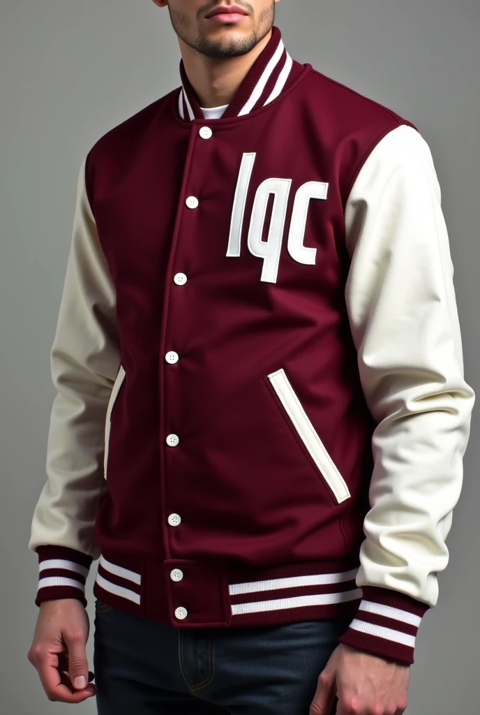 Create a wine-colored baseball jacket with white sleeves, with the letters of " LQC" white color and the letters are located on the upper left side vertically with cotton materials