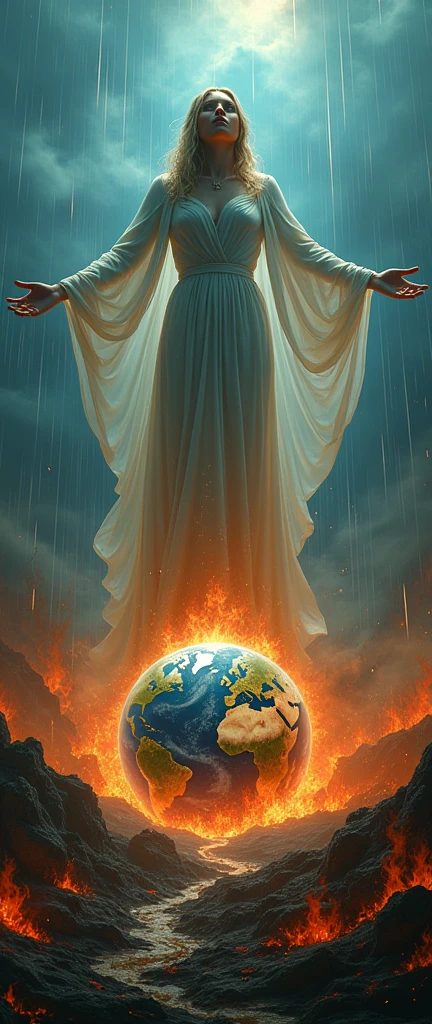 ultra realistic image of mother earth gaia looking at planet earth on fire in brazil opening her arms , transmit depth, in the background blue sky with abundant rain putting out the fire