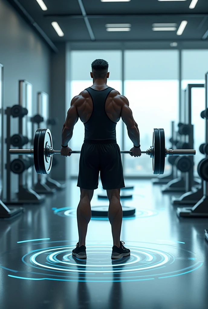 Create image containing a bar with disks (gym) and micro-charging discs on the floor 