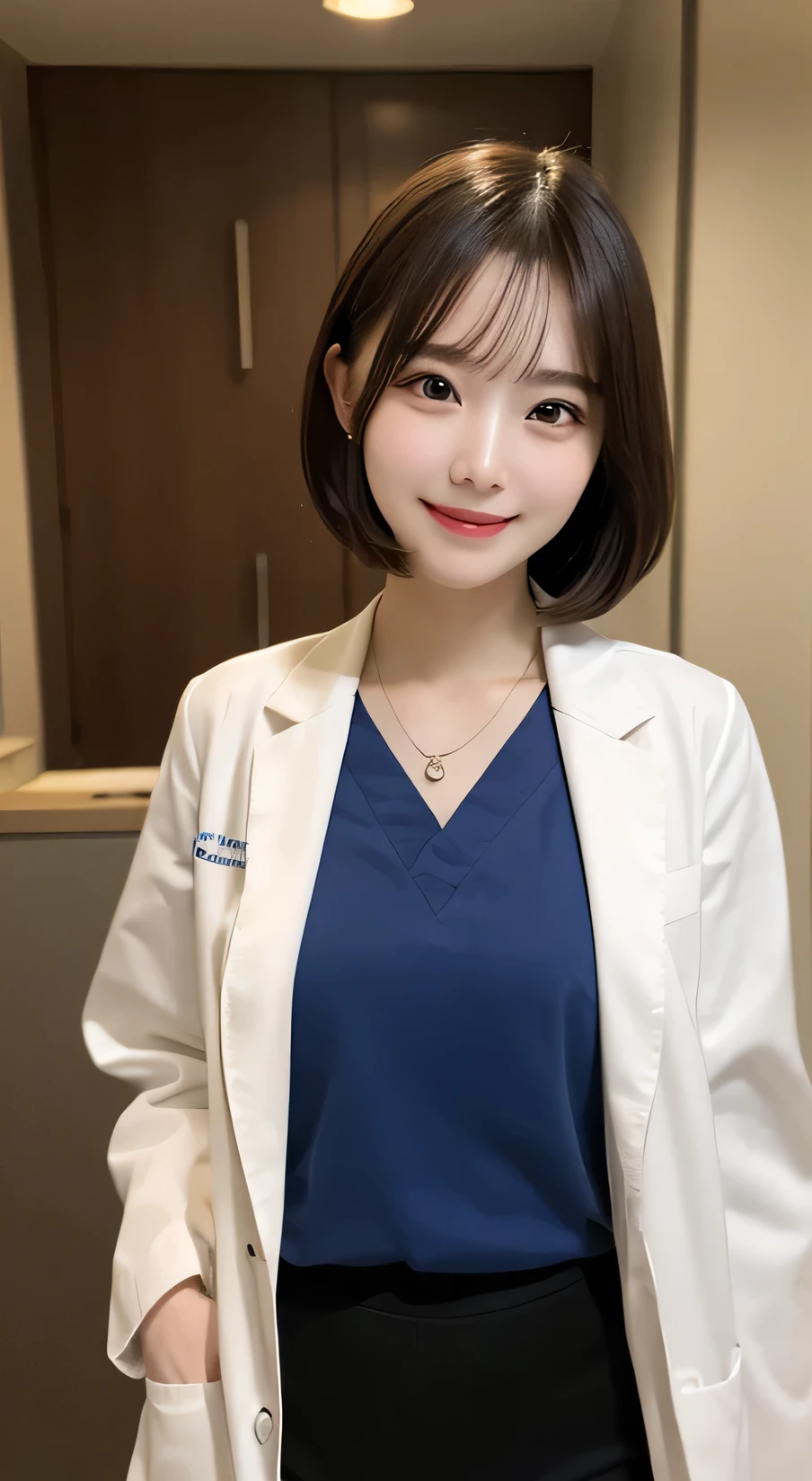 whole body, Highest quality, figure, Very detailed, In detail, High resolution, 8k wallpaper, Perfect dynamic composition, Beautiful attention to detail,Wavy Hair、tights、 (short hair)、Small breasts, doctor coat、smile、cute、happy、sexy shot looking at camera,Perfect and beautiful face,24-years-old、Health Insurance Doctor、smile、Simple Necklace、Health Room、bed