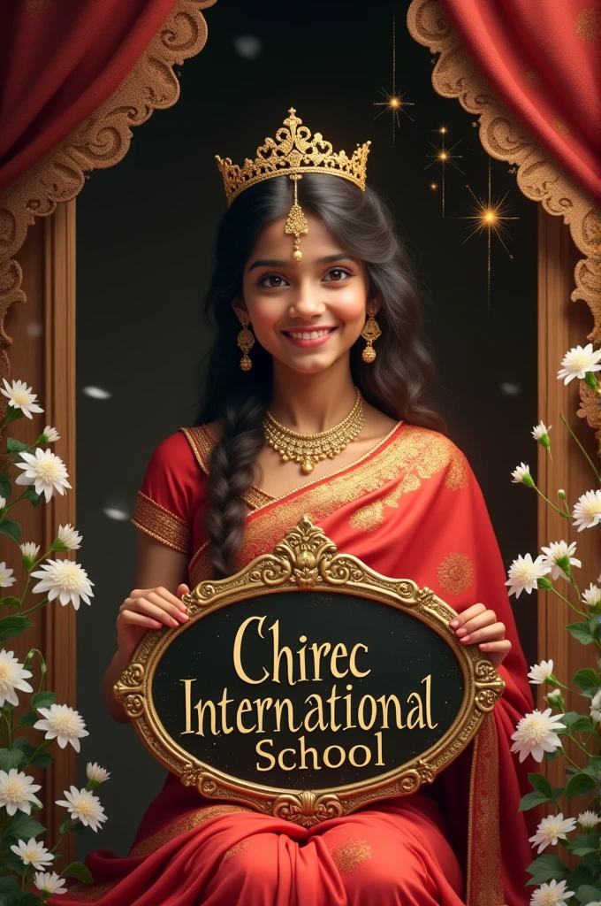captivating fantasy digital artwork featuring a 2 Indian girl, exuding grace and elegance. She sits majestically behind a decorative plaque inscribed with 'CHIREC INTERNATIONAL SCHOOL'. The girl is dressed in a stunning red saree and a delicate crown, her smile illuminating her face. The plaque is adorned with intricate golden borders and designs, enhancing the scene's opulence. Delicate white flowers surround her, and golden sparkles create a magical aura in the dark fantasy atmosphere. The muted brown background contrasts with the artwork's vivid colors, highlighting the artist's exceptional talent and immersing the viewer in a fantastical world., vibrant, photo, dark fantasy, typography
