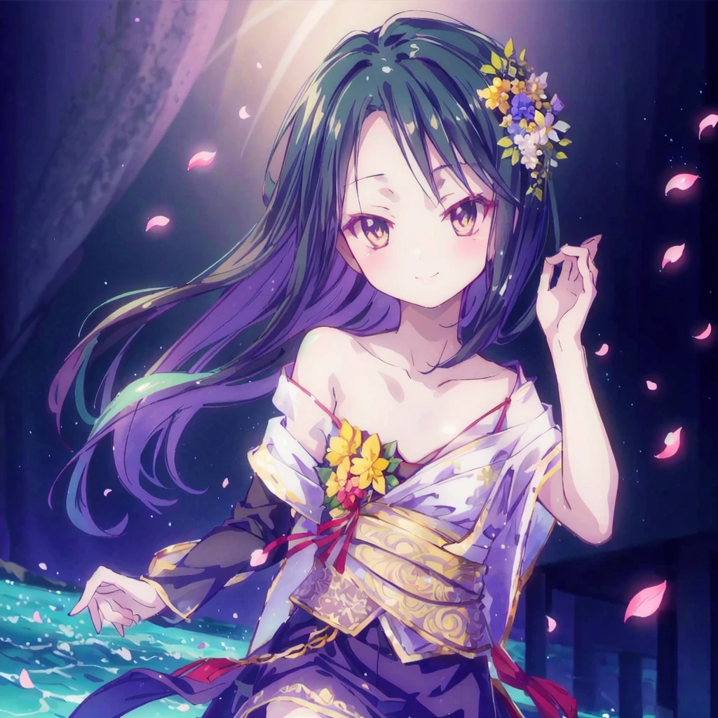 A beautiful and delicate portrait，A naughty and cute girl，Has short boyish hair, Black Hair, Emerald Green Ocean, Naughty smile, Dancing petals, (Top quality, masterpiece, Ultra-realistic) Flower petals floating in the background