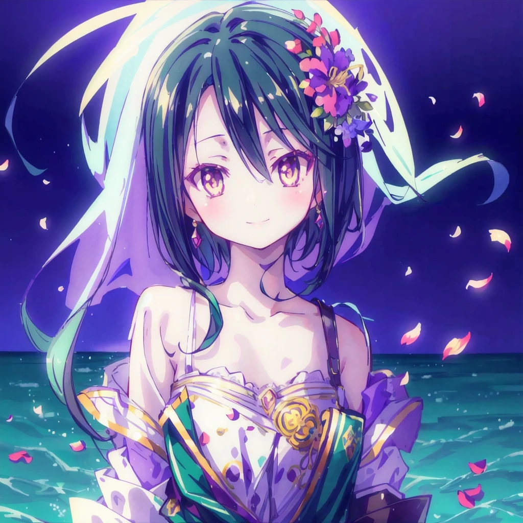 A beautiful and delicate portrait，A naughty and cute girl，Has short boyish hair, Black Hair, Emerald Green Ocean, Naughty smile, Dancing petals, (Top quality, masterpiece, Ultra-realistic) Flower petals floating in the background