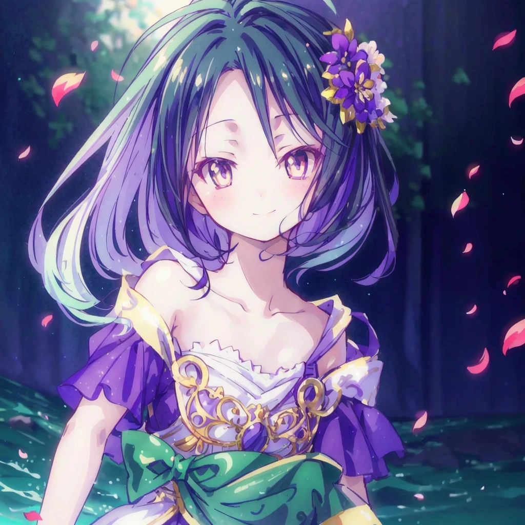 A beautiful and delicate portrait，A naughty and cute girl，Has short boyish hair, Black Hair, Emerald Green Ocean, Naughty smile, Dancing petals, (Top quality, masterpiece, Ultra-realistic) Flower petals floating in the background