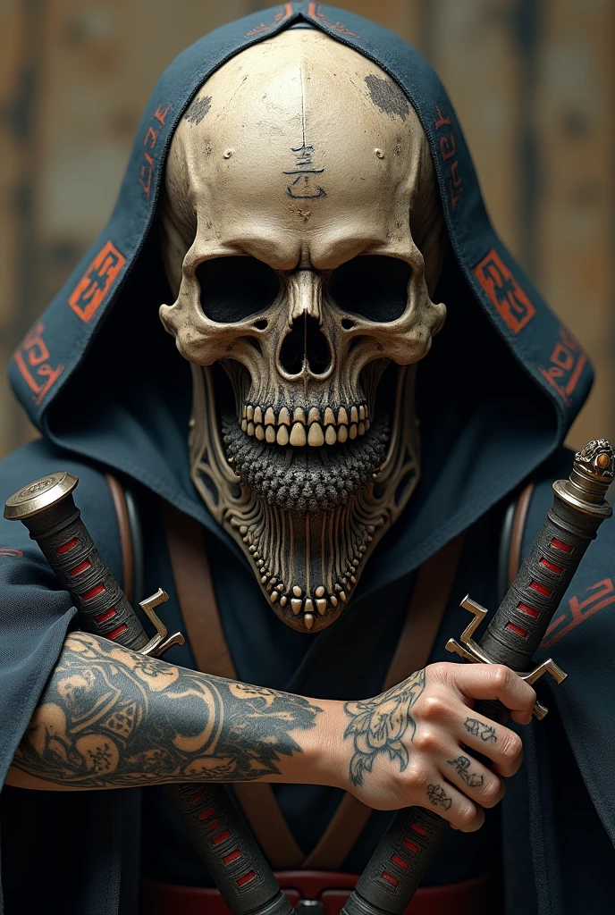 samurai skull with mask with 2 swords as tattoo on forearm