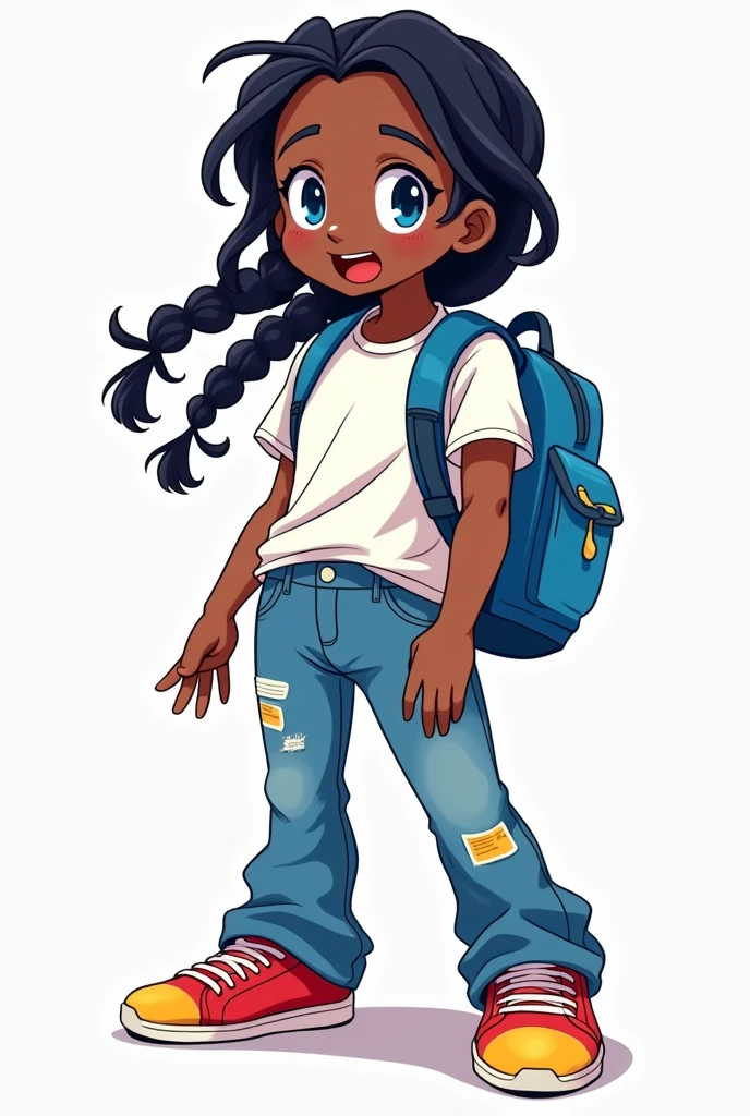 Create an anime-inspired Black woman mascot with braided hair that has some blue strands intertwined. She wears a blue backpack, blue jeans with yellow accents, a white simple T-shirt with no designs, and red sneakers. Her appearance is dynamic and youthful. She has dark skin and a friendly demeanor. In this version, she should have a surprised expression. Make sure to keep her outfit and overall style consistent, with bright, lively colors such as blue, red, yellow, and white.