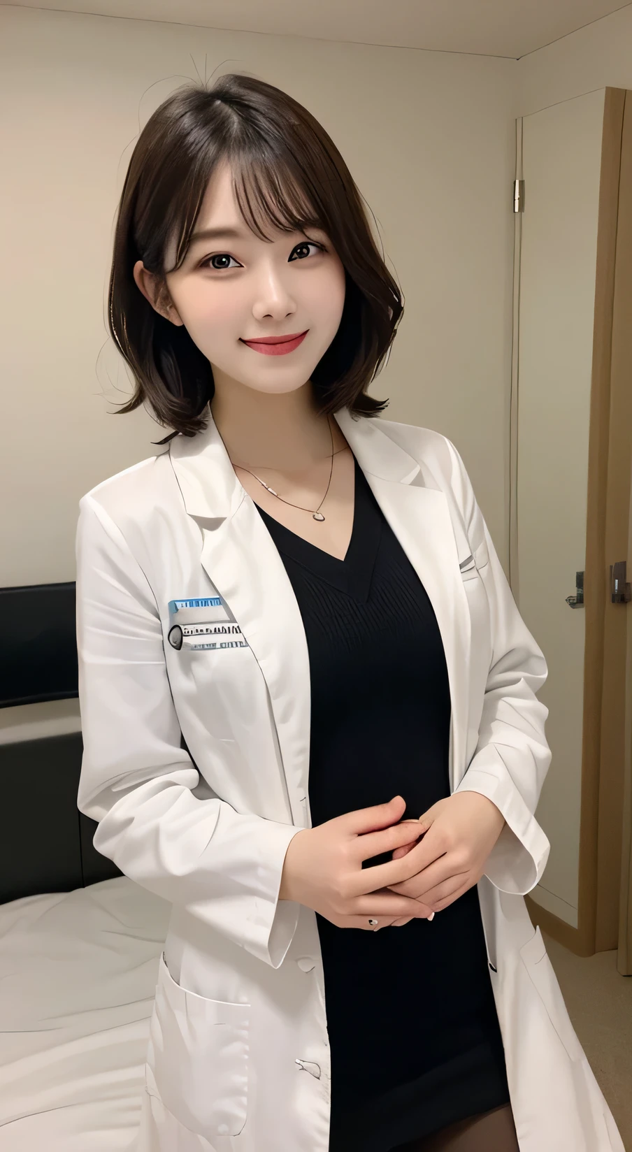 whole body, Highest quality, figure, Very detailed, In detail, High resolution, 8k wallpaper, Perfect dynamic composition, Beautiful attention to detail,Wavy Hair、tights、 (short hair)、Small breasts, doctor coat、smile、cute、happy、sexy shot looking at camera,Perfect and beautiful face,24-years-old、Health Insurance Doctor、smile、Simple Necklace、Health Room、bed