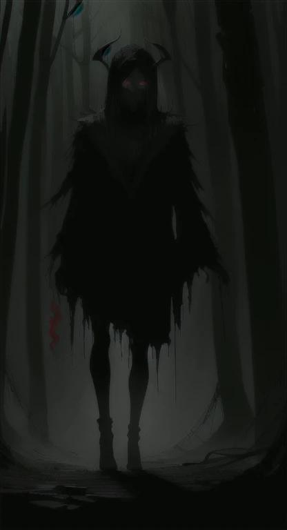 Foggy Forest, demonic silhouette, fairy shadow figure, red eyes, eyes in the fog, rotting, looking dead, torn wings, forest ruins,