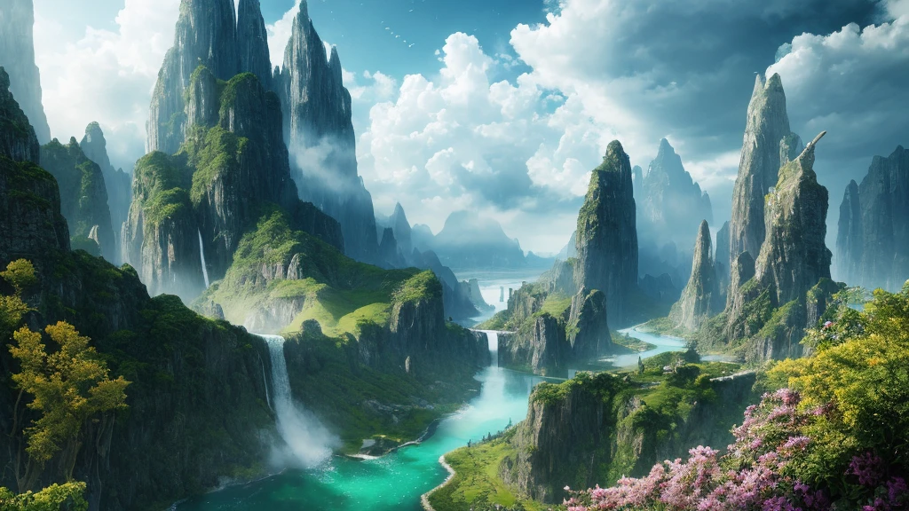 Masterpiece, best quality, high quality, extremely detailed CG unity 32k UHD wallpaper, landscape, outdoor, sky, clouds, sky, no humans, mountain, landscape, water, tree, blue sky, waterfall, cliff, nature, lake, river , cloudy skies, award winning photography, bokeh, depth of field, HDR, bloom, chromatic aberration, photorealism, very detailed, trending on artstation, trending on CGsociety, intricate, high detail, dramatic, half way art