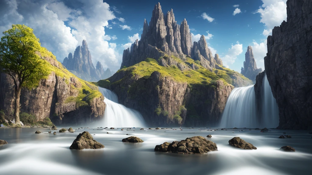 Masterpiece, best quality, high quality, extremely detailed CG unity 32k UHD wallpaper, landscape, outdoor, sky, clouds, sky, no humans, mountain, landscape, water, tree, blue sky, waterfall, cliff, nature, lake, river , cloudy skies, award winning photography, bokeh, depth of field, HDR, bloom, chromatic aberration, photorealism, very detailed, trending on artstation, trending on CGsociety, intricate, high detail, dramatic, half way art
