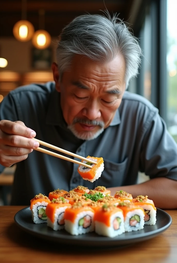 Man eating makis with chopsticks non-stop