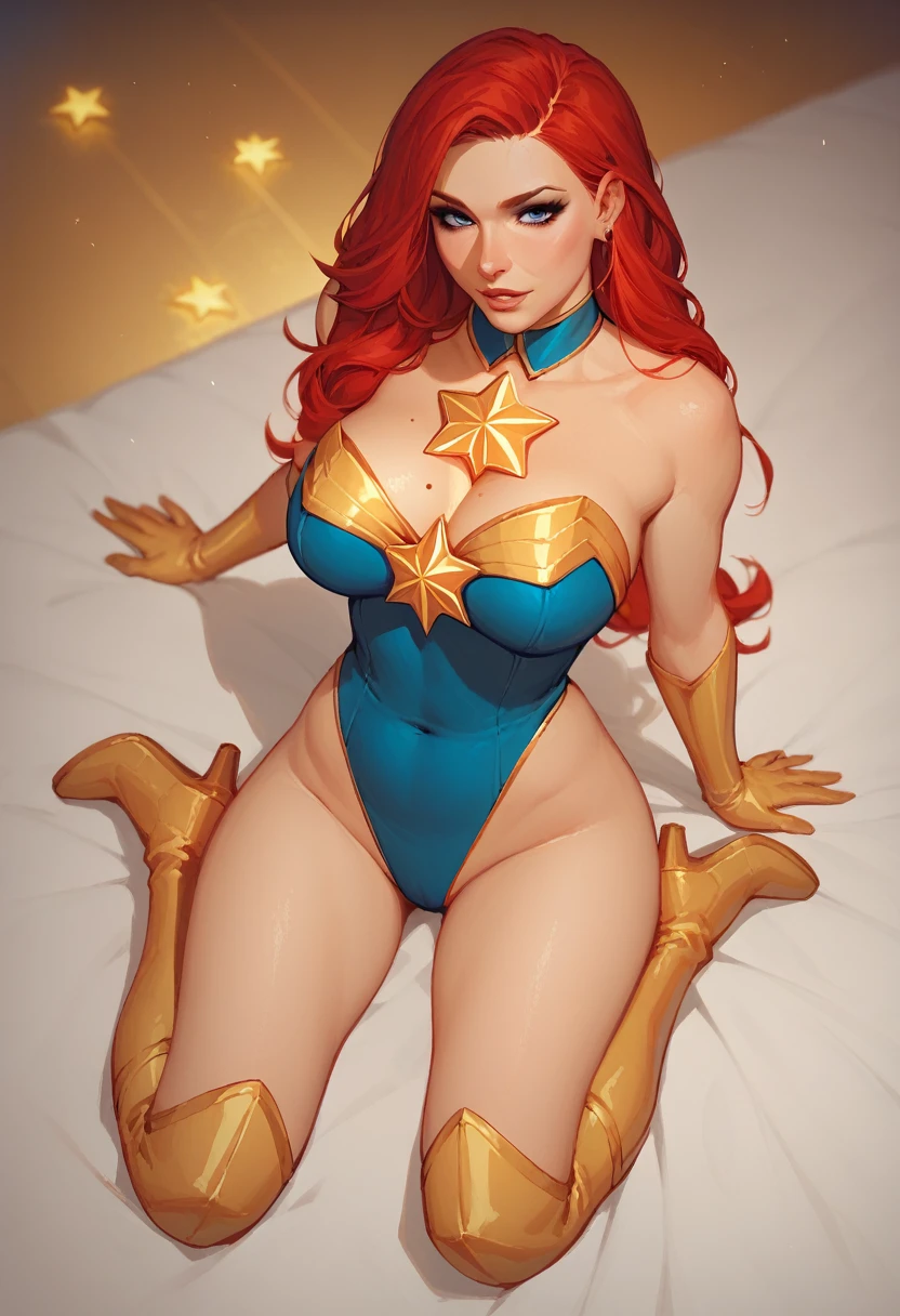 score_9, score_8_up, score_7_up, score_6_up, masterpiece, Sexy, Superheroine, Red hair, long hair, busty, plump, curvy, ((blue highleg leotard with a t-back thong and a gold star insignia on chest)), gold boots, gold gloves
