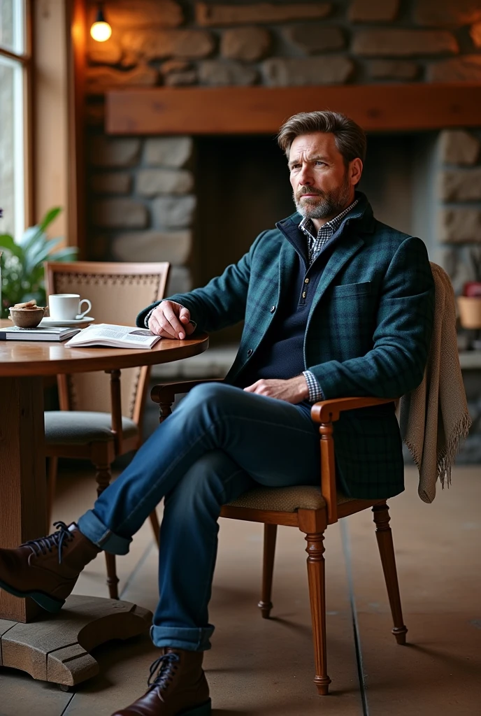 In a rustic and welcoming environment, a man radiates a relaxed elegance and an aura of seriousness. He is dressed in a blue and green plaid flannel shirt., layered over a dark wool sweater. He wears sturdy jeans and classic style leather boots., that complement the relaxed look, but refined.
The surrounding scenery is a wooden cabin, with a decor that mixes rustic charm with touches of sophistication. Aged wooden furniture, like a sturdy dining table and comfortable chairs, are arranged around a large stone fireplace. Soft light pendants illuminate the room, highlighting the warmth and texture of natural materials.
The man is sitting at the table, with a cup of coffee or tea in hand and a calm, thoughtful look. Books and magazines are scattered on the table, and a woolen blanket is folded over the chair next to it. The scene conveys a sense of tranquility, comfort and elegant simplicity, highlighting the charm of the rustic environment combined with the man's personal style.