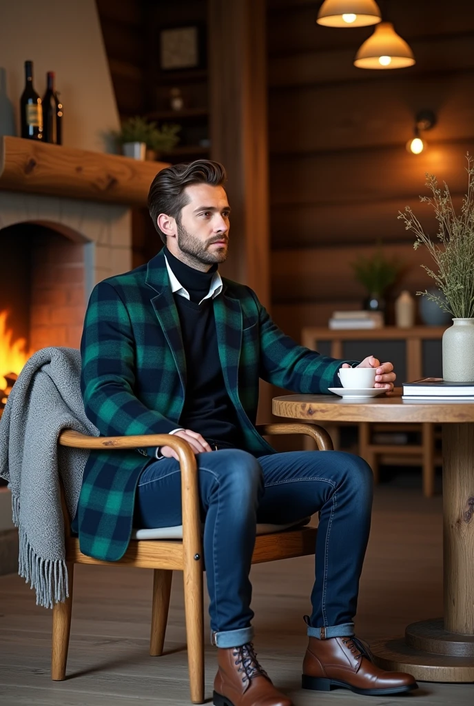In a rustic and welcoming environment, a man radiates a relaxed elegance and an aura of seriousness. He is dressed in a blue and green plaid flannel shirt., layered over a dark wool sweater. He wears sturdy jeans and classic style leather boots., that complement the relaxed look, but refined.
The surrounding scenery is a wooden cabin, with a decor that mixes rustic charm with touches of sophistication. Aged wooden furniture, like a sturdy dining table and comfortable chairs, are arranged around a large stone fireplace. Soft light pendants illuminate the room, highlighting the warmth and texture of natural materials.
The man is sitting at the table, with a cup of coffee or tea in hand and a calm, thoughtful look. Books and magazines are scattered on the table, and a woolen blanket is folded over the chair next to it. The scene conveys a sense of tranquility, comfort and elegant simplicity, highlighting the charm of the rustic environment combined with the man's personal style.
