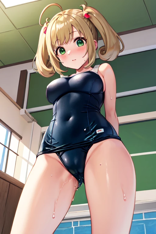 masterpiece, Highest quality, Very detailed, shape, One personの, One personで, View your audience, Makoto Sato, blonde, Ahoge, Green Eyes, Short Twin Tails, indoor, 

masterpiece, Highest quality, Very detailed, shape, One person, One personで, View your audienceする, Makoto Sato, blonde, Ahoge, Green Eyes, Short pigtails, 
((School Swimsuit))、(サイズの小さいSchool Swimsuit)、((pussyfocus))、((Big Breasts))、blush、(Embarrassing)、Looking into the camera、((Shooting from below))、(Pussy juice), (Wet), Put your arms behind your back