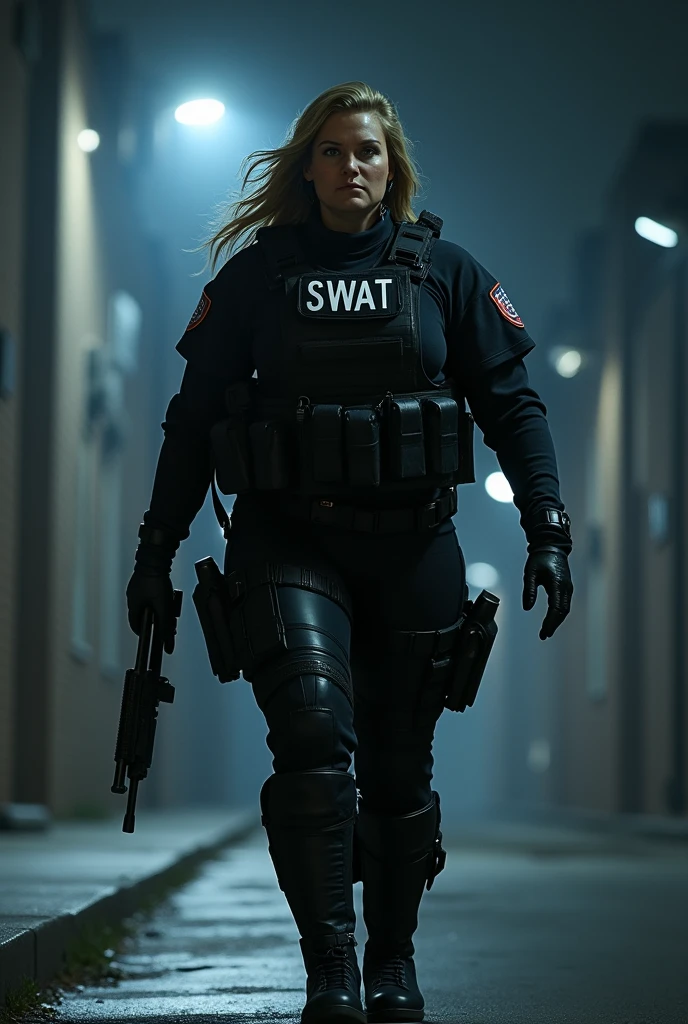 (masterpiece:1.2, highest quality), (Realistic, photoRealistic:1.4),1 female,Mature Woman,5,(A female SWAT officer storms into a crime scene,Dynamic Movement,(Muscular),(Huge breasts),(Thick thighs),(SWAT black combat bodysuit),(black bulletproof vest),(Black Tactical Forster),(headset),(The background is a group of buildings late at night:1.5),(((Background Blur:1.5))),(Serious),Searchlight light