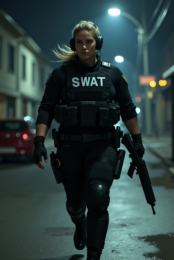 (masterpiece:1.2, highest quality), (Realistic, photoRealistic:1.4),1 female,Mature Woman,5,(A female SWAT officer storms into a crime scene,Dynamic Movement,(Muscular),(Huge breasts),(Thick thighs),(SWAT black combat bodysuit),(black bulletproof vest),(Black Tactical Forster),(headset),(The background is a group of buildings late at night:1.5),(((Background Blur:1.5))),(Serious),Searchlight light
