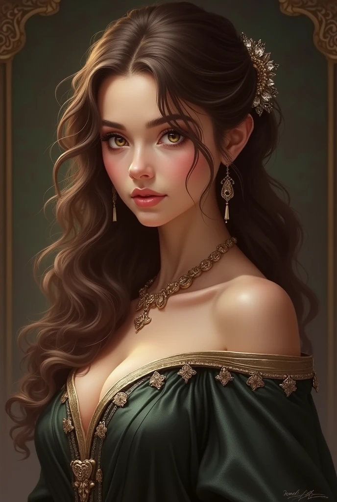 Princess with strong character, amber eyes, semi-light brown hair and very little wavy
