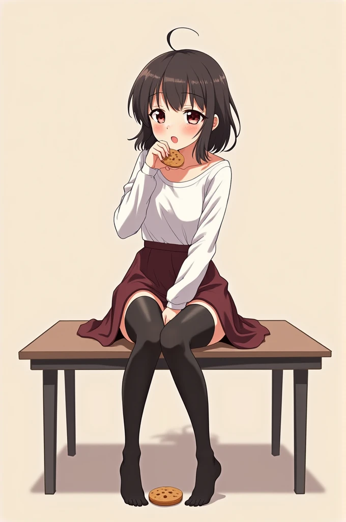 Make an anime girl sitting on a table with black tights on her feet holding a cookie with her toes