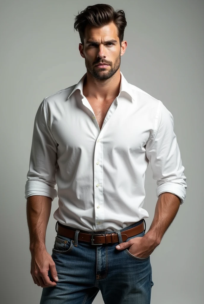 Tall man, Caucasian skin, asymmetrical face, Characteristics, você sabe as Characteristics do ator Nick Bateman, standing, wearing a white shirt that shows his arms, and jeans with a slight smile on his face