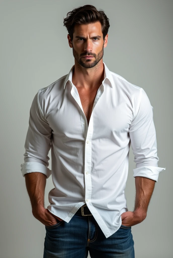 Tall man, Caucasian skin, asymmetrical face, Characteristics, você sabe as Characteristics do ator Nick Bateman, standing, wearing a white shirt that shows his arms, and jeans with a slight smile on his face