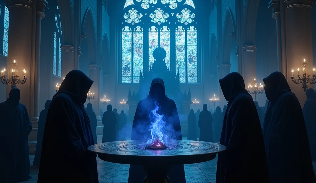 8k、large stained glass ,(number々の賞を受賞したmasterpiece、Incredible detail、Texture、Maximum details),blue flame candle, (summoning magic),(St George's Church in Lalibela at night (Church of Saint George) - Ethiopia), (dark ritual),(dark organization)arafed image of a group of people in a church with candles,lit candle, dark cinematic concept art, elegant cinematic fantasy art, photorealistic dark concept art, by Beeple, dark robes, wojtek fus, gothic epic library concept, gothic epic library, epic cinematic concept art, dark concept art, Beeple and mike winkelmann, symmetrical epic fantasy art, High resolution, masterpiece, Highest quality, Intricate details, Very detailed, Clear focus, practical skin texture, texture, Shot with Canon, 85mm, Shallow and deep, Kodak Vision Color, Exactly, Very detailed, photograph_\(Extremist\), photographpractical, practical, Post-processing, Maximum details, Roughness, Real Life, Extremist practical, Photorealism, photographgraphy, 8K Ultra HD, photographgraphy