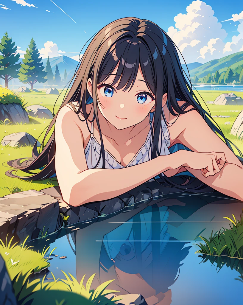 Highest quality, 32K, High resolution, masterpiece:1.5, One beautiful Japan girl,Illustration with anime touch, Rich emotional expression, An exceptionally beautiful face, Perfect Human Anatomy, Close your eyes and laugh, Shiny black hair, Asymmetrical bangs, Hair between the eyes, Transparent, soft white skin, Detailed and cute lips, ((Vibrant grassland:1.2)), ((Lying face down:1.2)), ((Blue sky:1.1)), Beautifully detailed skies, mysterious