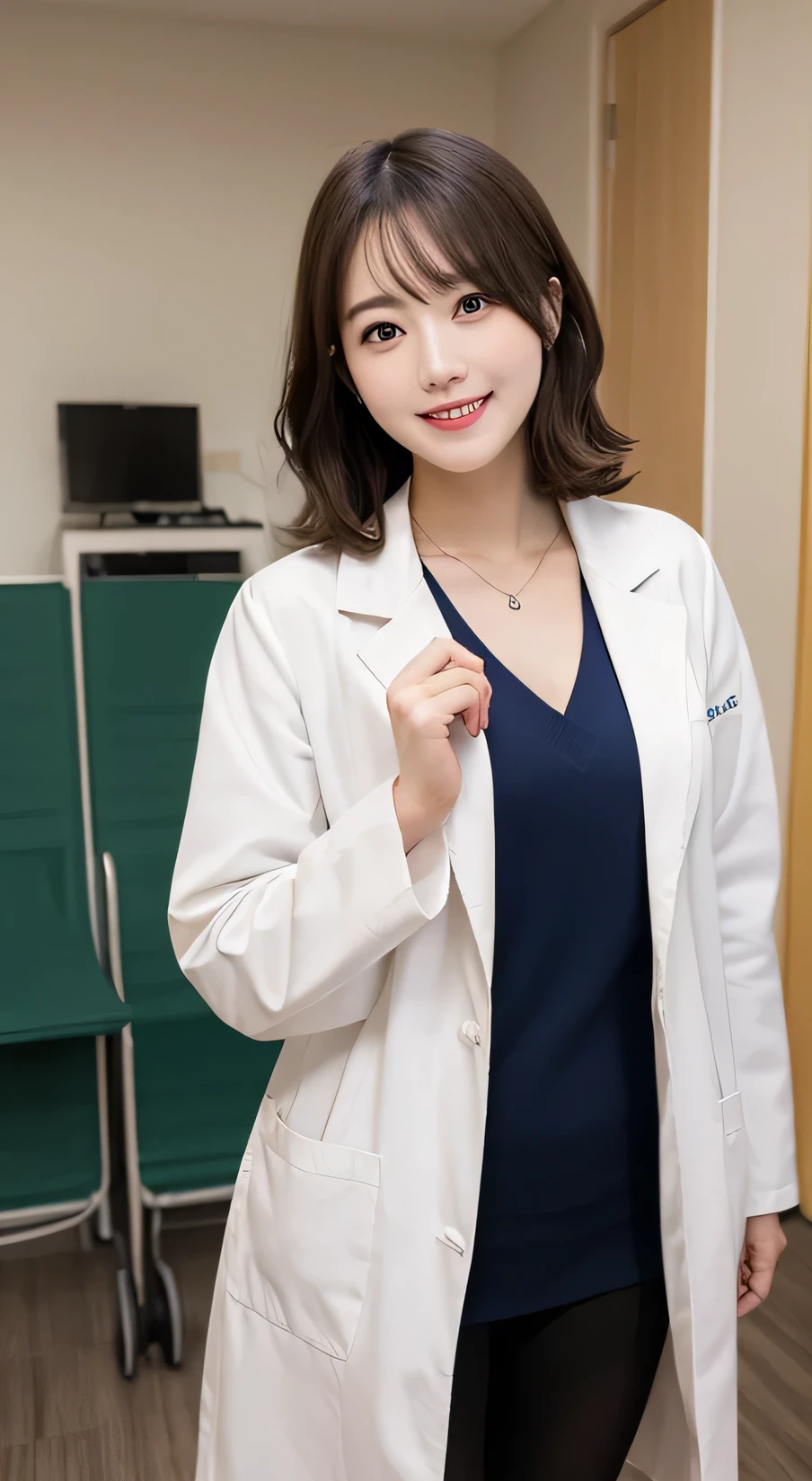 whole body, Highest quality, figure, Very detailed, In detail, High resolution, 8k wallpaper, Perfect dynamic composition, Beautiful attention to detail,Wavy Hair、tights、 (short hair)、Small breasts, doctor coat、smile、cute、happy、sexy shot looking at camera,Perfect and beautiful face,24-years-old、Health Insurance Doctor、smile、Simple Necklace、Health Room、bed