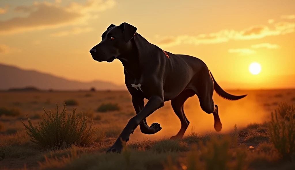 hyper-realistic, photo, Realism, cinematography, 8k,4k,A Fila Brasileiro patrolling a large Brazilian ranch at dusk. His muscles and powerful gait are shown as he walks through the terrain., with the setting sun creating a golden contrast on its dark fur. then, the camera zooms in on his face, highlighting his attentive eyes and alert expression, while keeping an eye out for any potential threats.