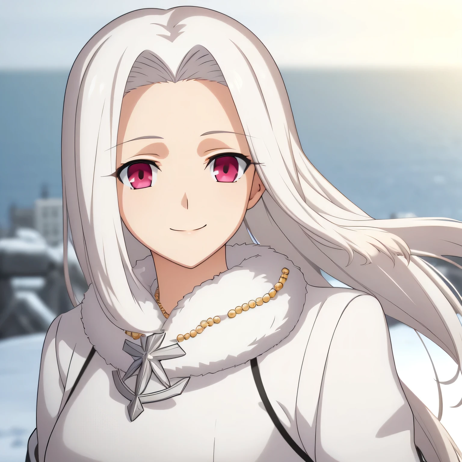 Irisviel,winter jacket and dree,solo,looking at viewer,beautiful smile,,middle size of breast,beautiful necklace,