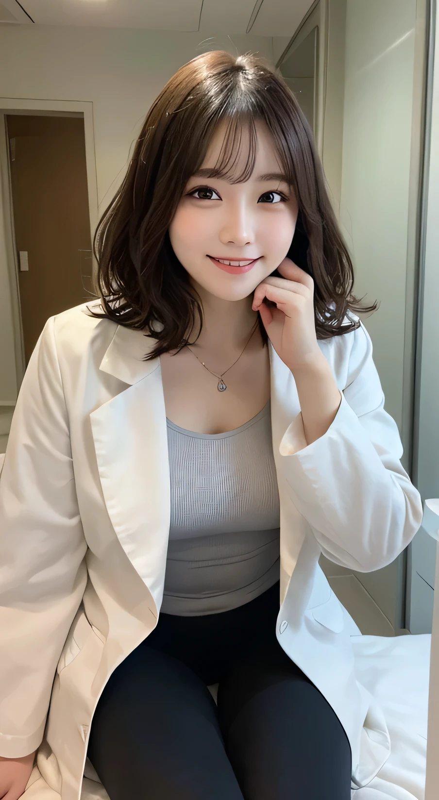 whole body, Highest quality, figure, Very detailed, In detail, High resolution, 8k wallpaper, Perfect dynamic composition, Beautiful attention to detail,Wavy Hair、tights、 (short hair)、Small breasts, doctor coat、smile、cute、happy、sexy shot looking at camera,Perfect and beautiful face,24-years-old、Health Insurance Doctor、smile、Simple Necklace、Health Room、bed