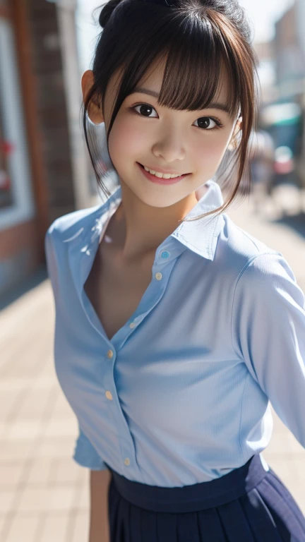 Neat and clean,young girl,Slim body、Photorealsitic、detaileds, shoot from below,Skin Texture, ultra-detailliert、A smile、Super Detailed Face、Detailed lips、A detailed eye、tiny ches,Smaller chest、flat chest、Chest emphasis、Bright face,Shorthair with bangs,hair bun,(wearing a open shirt),woolen hot pants,in