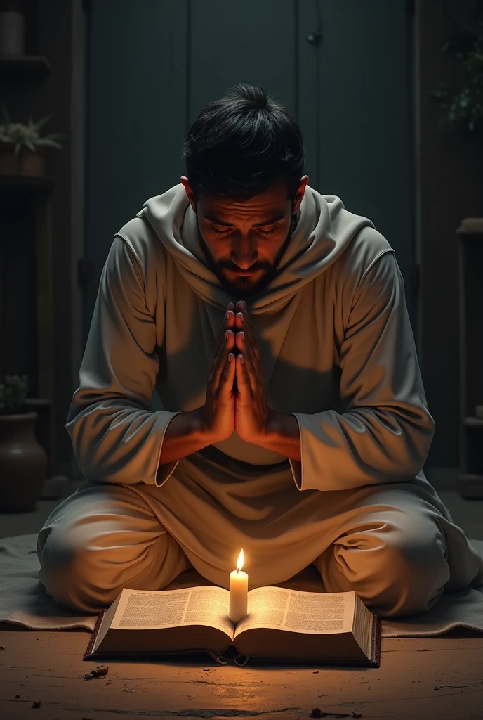 A servant praying on his knees with a bible in front of him with a candle on the side 