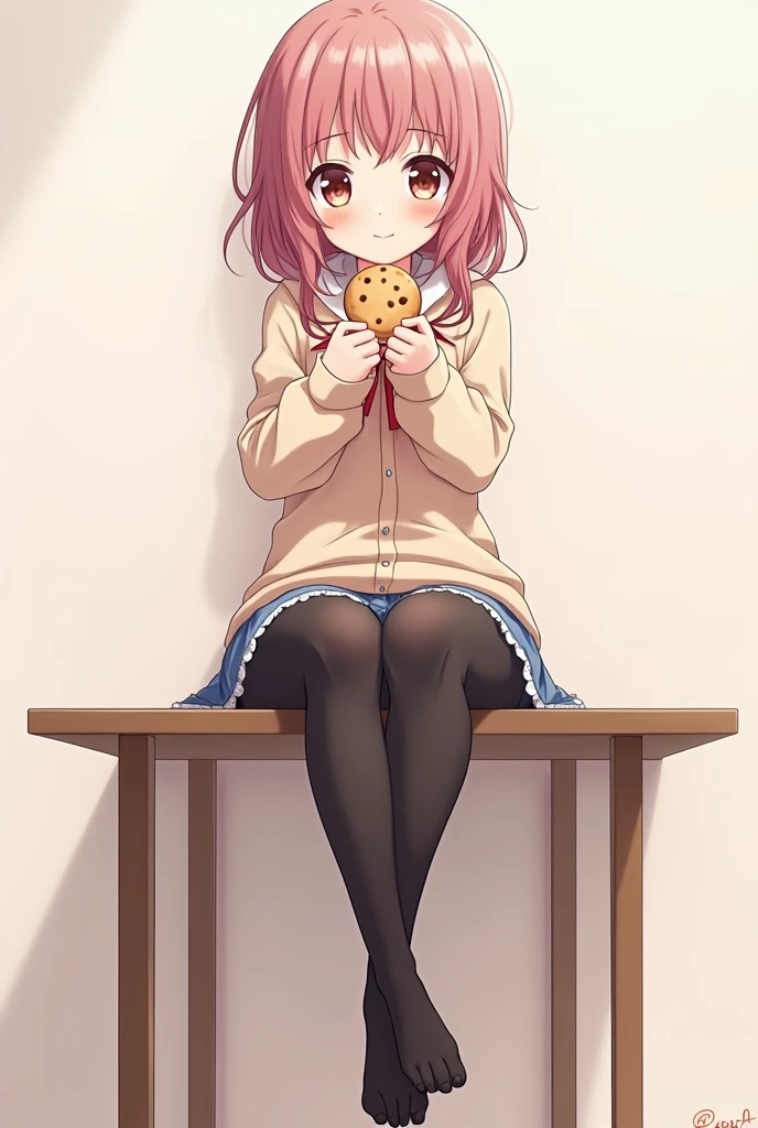 Make an anime girl sitting on a table with black tights on her feet holding a cookie with her toes