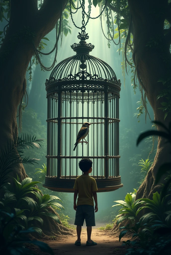 Background mysterious jungle, A small sparrow bird capture in a big cage , A boy gonna try to set a bird free