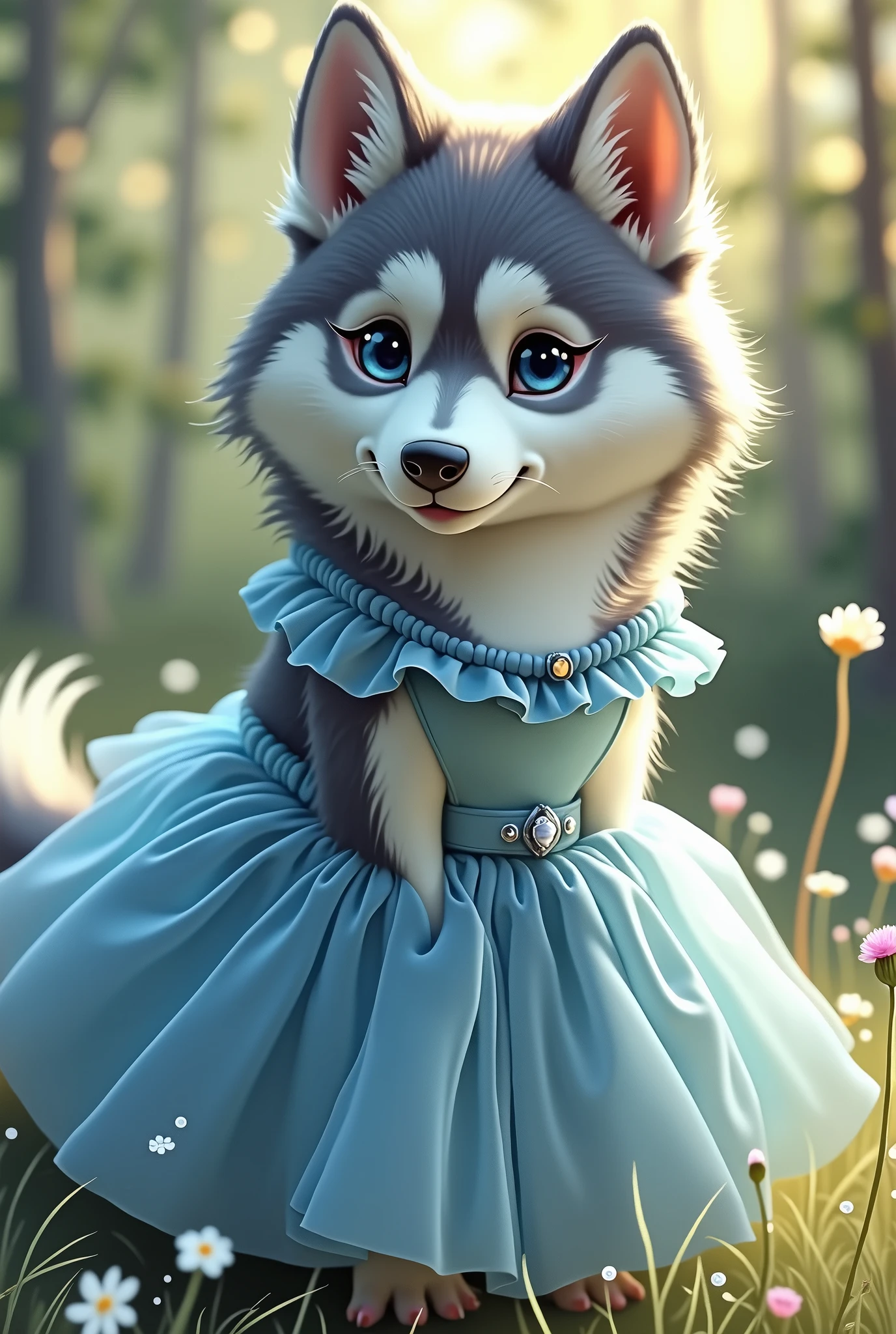 Make a husky with a dress with blue eyes and a gray color with the left ear a little smaller and rounder than the other. 