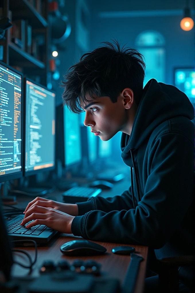 A  hacker boy with hacking computer 