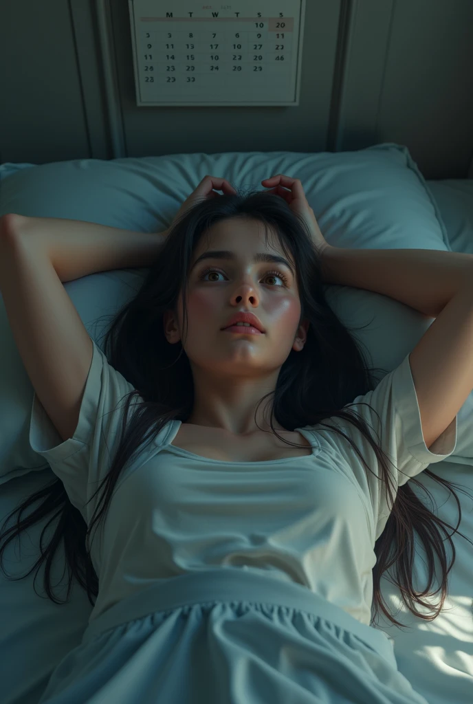 Make a black hair girl from afar laying in bed, staring at the roof with tears in her face and touching her head, realistic picture, full body, with a calendar august on the wall