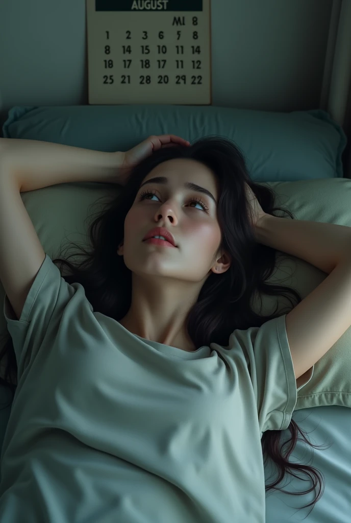 Make a black hair girl from afar laying in bed, staring at the roof with tears in her face and touching her head, realistic picture, full body, with a calendar august on the wall