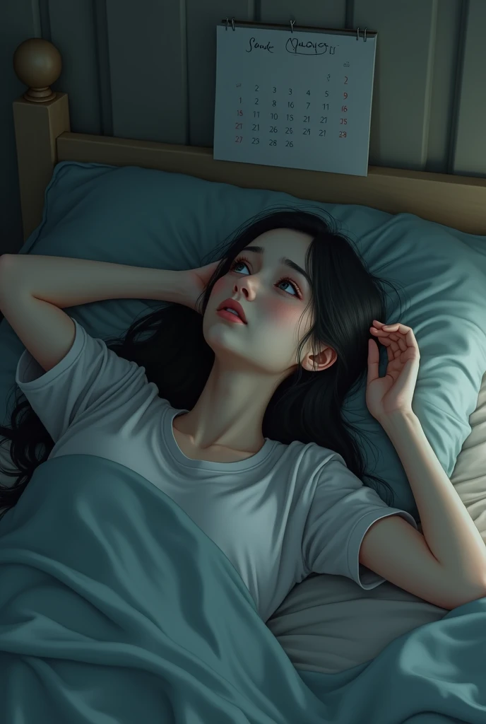 Make a black hair girl from afar laying in bed, staring at the roof with tears in her face and touching her head, realistic picture, full body, with a calendar august on the wall