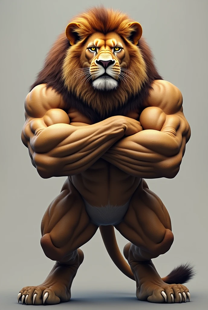 Lion with muscular human crossed arms in PNG 
