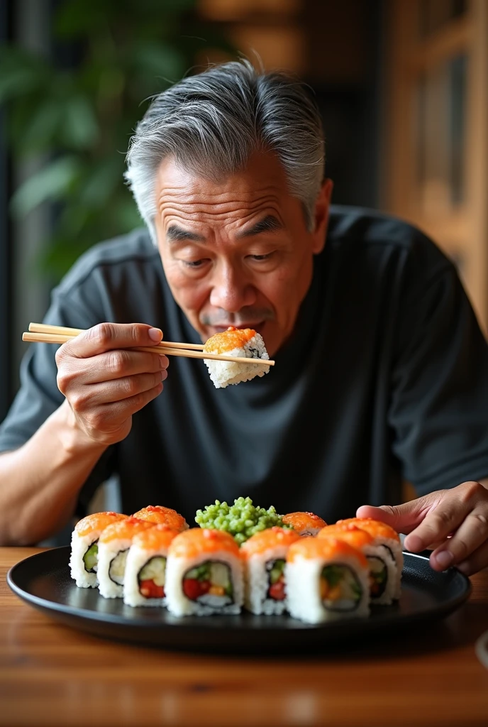 Man eating makis with chopsticks non-stop